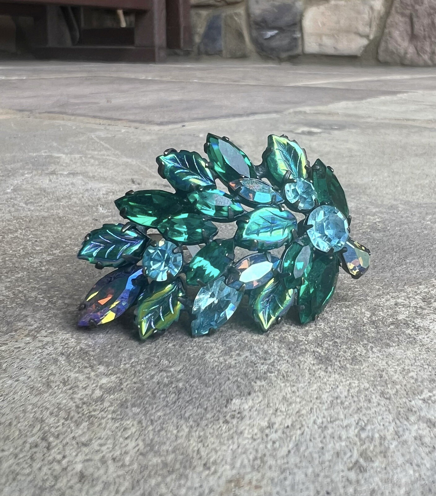 Vintage Signed Regency Green Teal Blue Molded Glass Leaf AB Rhinestone Brooch