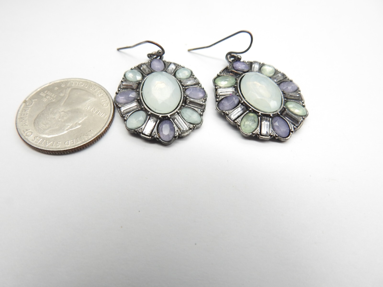 Purple Green White Opalescent Acrylic Rhinestone Dangle Pierced Earrings Vintage