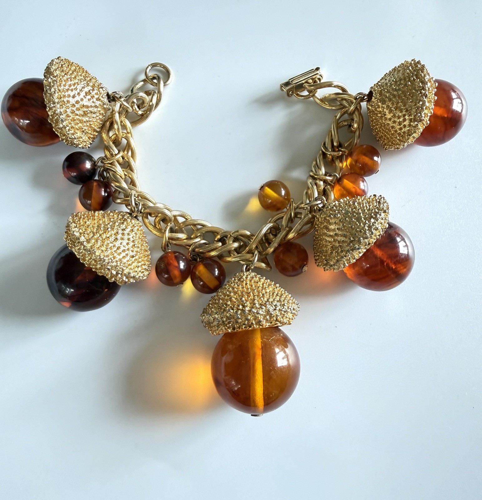 Vintage MCM Chunky Acorn Charm Bracelet Oversized Amber Glass Style Lucite Gold