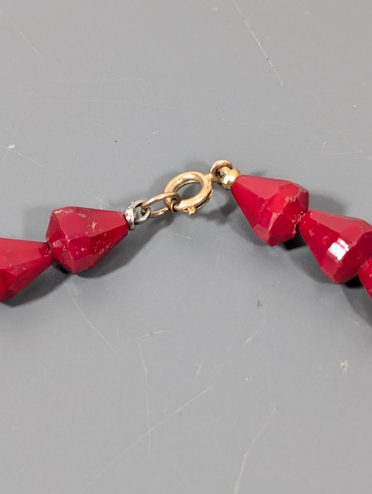 Vintage Bohemian Style Faceted Ruby Red Glass Bead Necklace Bicone 24″ MCM
