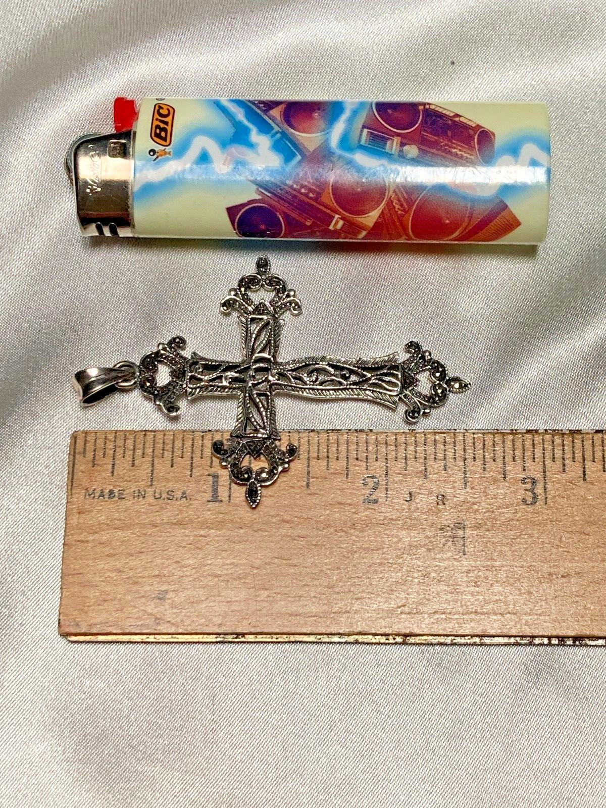 Vintage Filigree Fine 925 Sterling Silver Marcasite Pendant Religious Cross