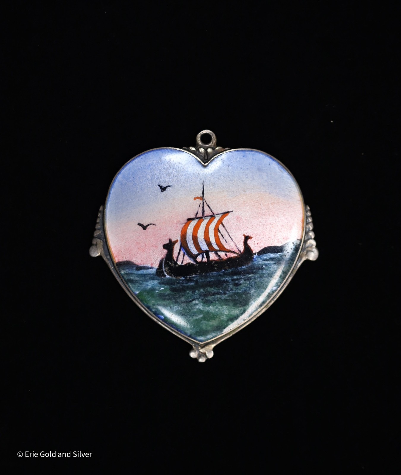 Vintage Sterling Silver Guilloche Enamel Viking Ship Pendant Charm