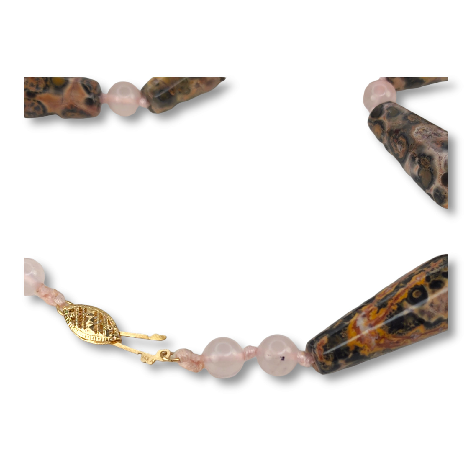 Vintage Rose Quartz and Pink Ocean Jasper Necklace with 14KT Yellow Gold Clasp