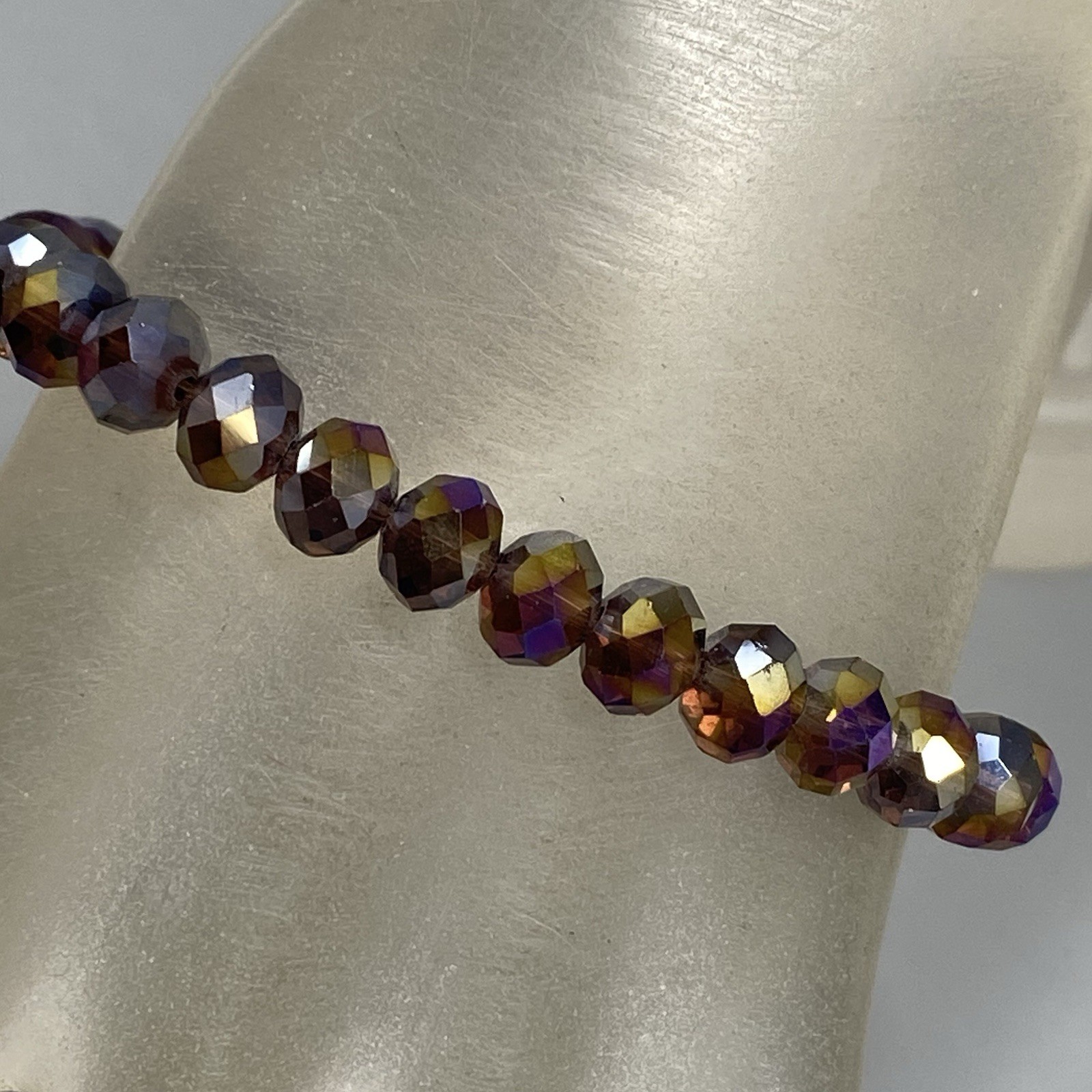 Purple Glass Beaded Bracelet Stretch AB Coated Peacock Oil Slick Faceted 7″