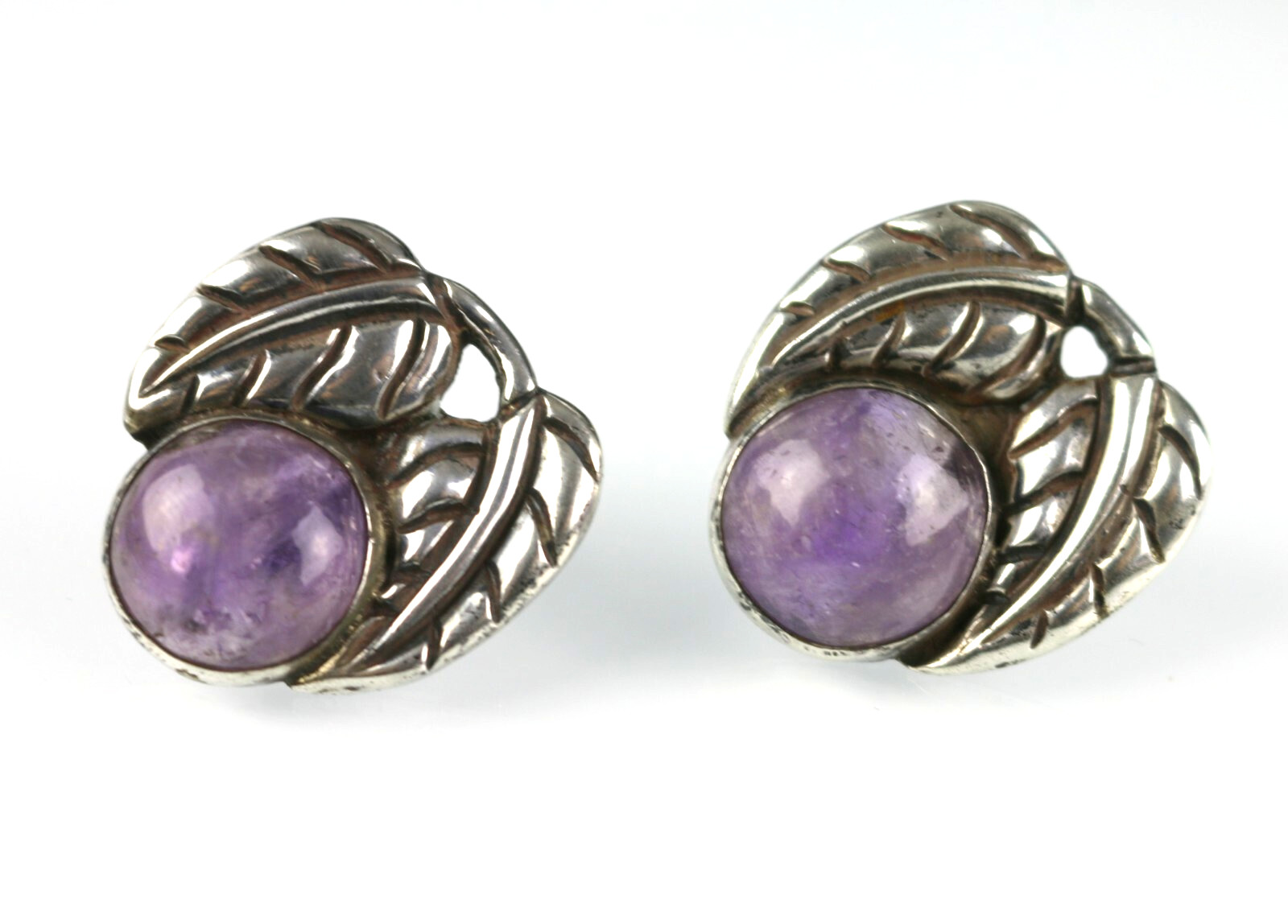 Vintage Los Castillo Taxco Mexico Sterling Amethyst Leaf Screw Clip On Earrings