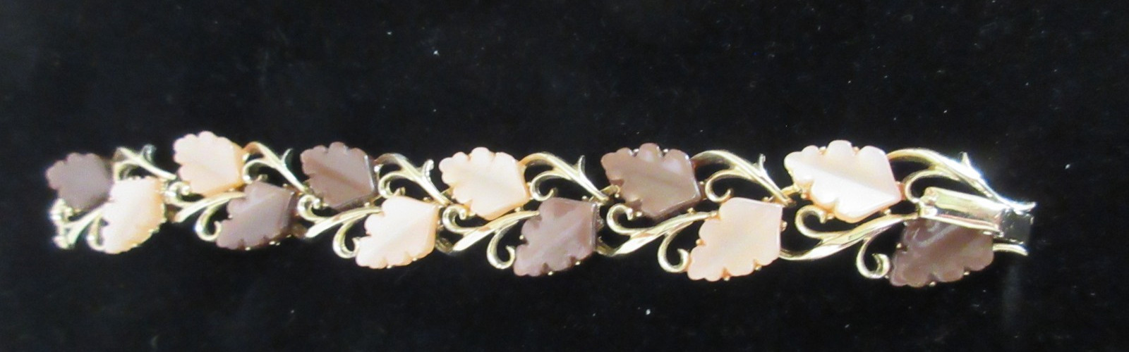 Vintage Gold Tone Bracelet with Moonglow Lucite Leaves, Brown and Tan, 1950-’60s