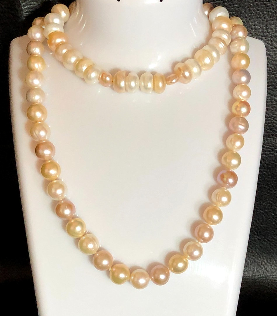 Pastel Multi-Color Cultured Pearl Strand Necklace Peach Gold Pink +Bracelet P5