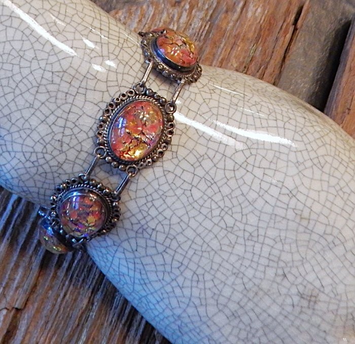 Vintage JOY MEX 925 Sterling Silver Dragons Breath Cabochon Link Bracelet K2