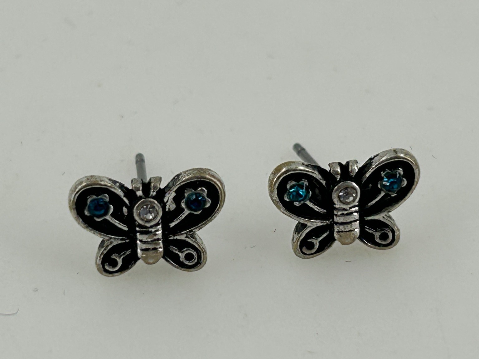 Butterfly Stud Earrings Silver Tone Metal 1.5cm x 1cm Rhinestone Accents
