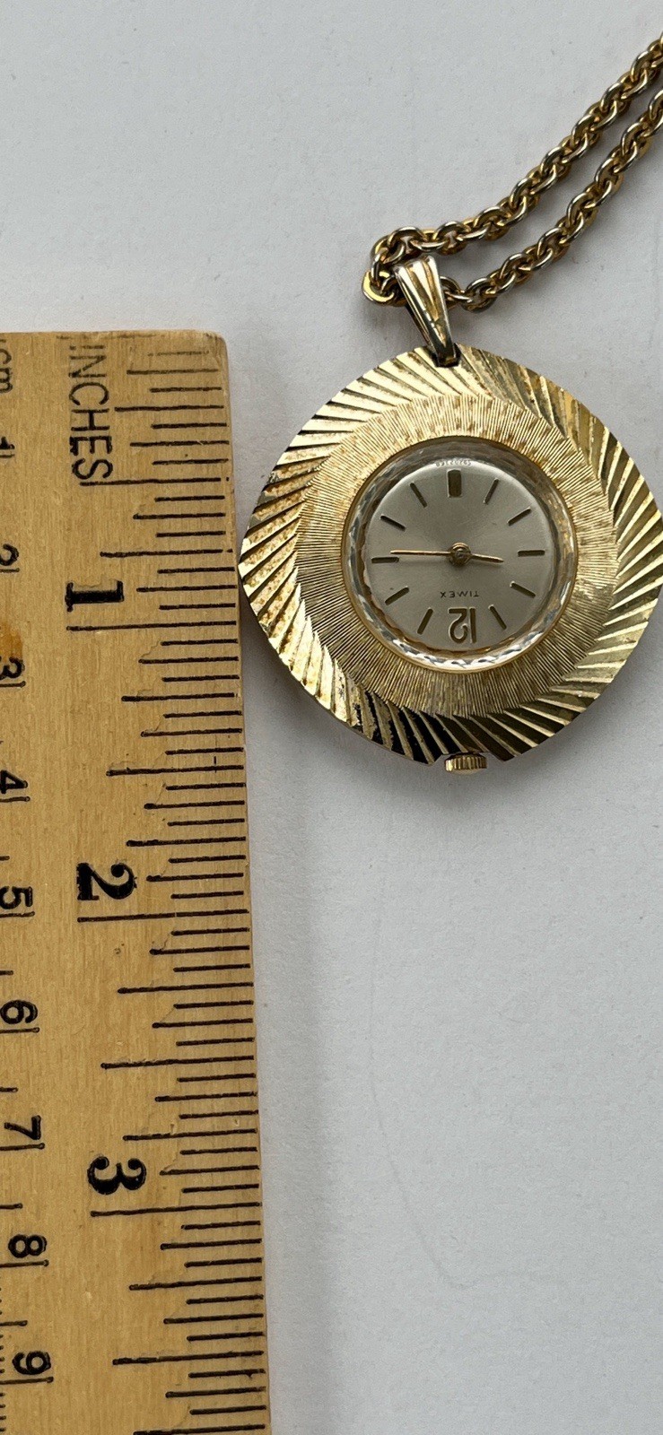 Vintage Signed Timex Gold Tone Aluminum Hand-Wind Necklace Pendant