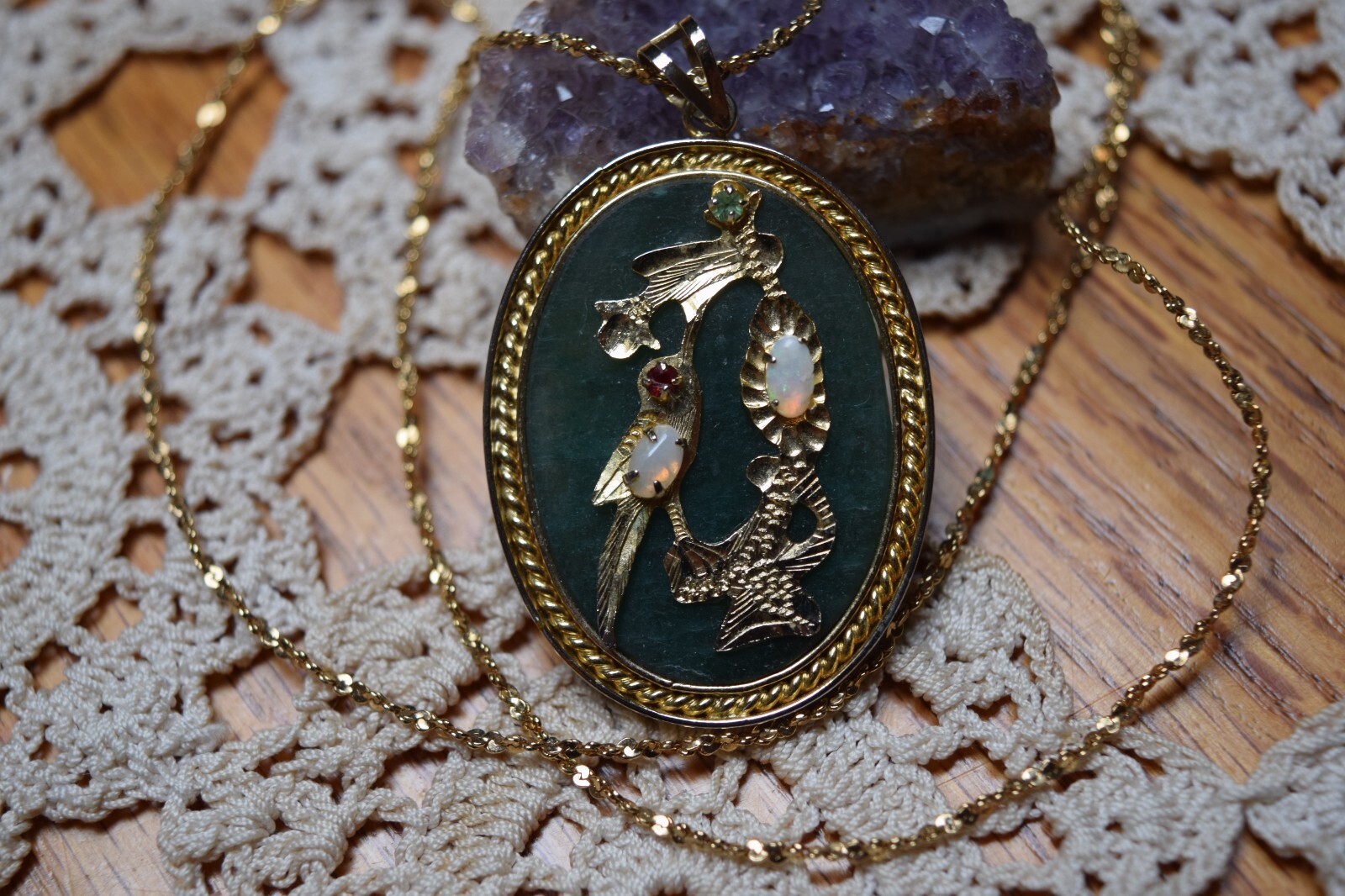 Vintage Napier Gold Plated Asian Jade Pendant Necklace Opals Ruby Aqua Stone 24″
