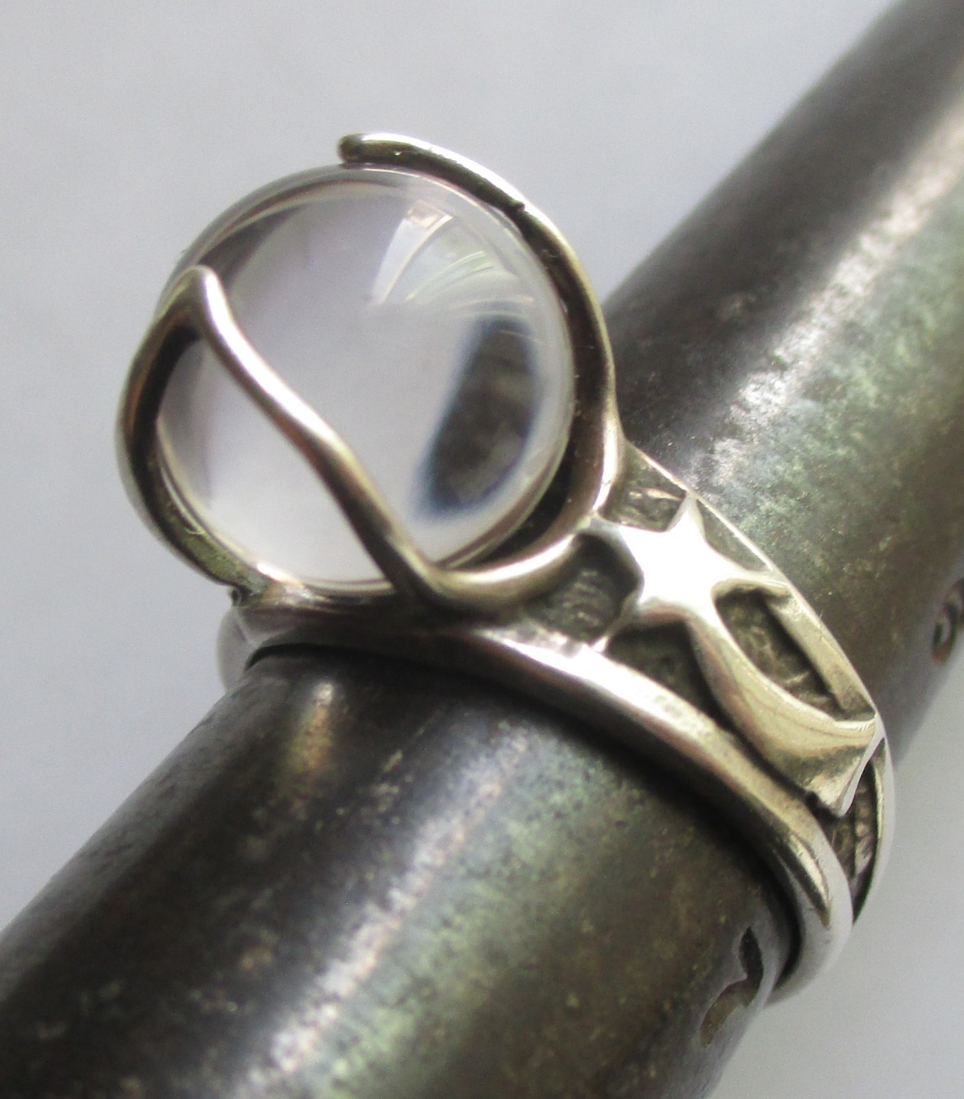Sz 6.75 VINTAGE STERLING SILVER ROCK CRYSTAL POOLS OF LIGHT STAR RING