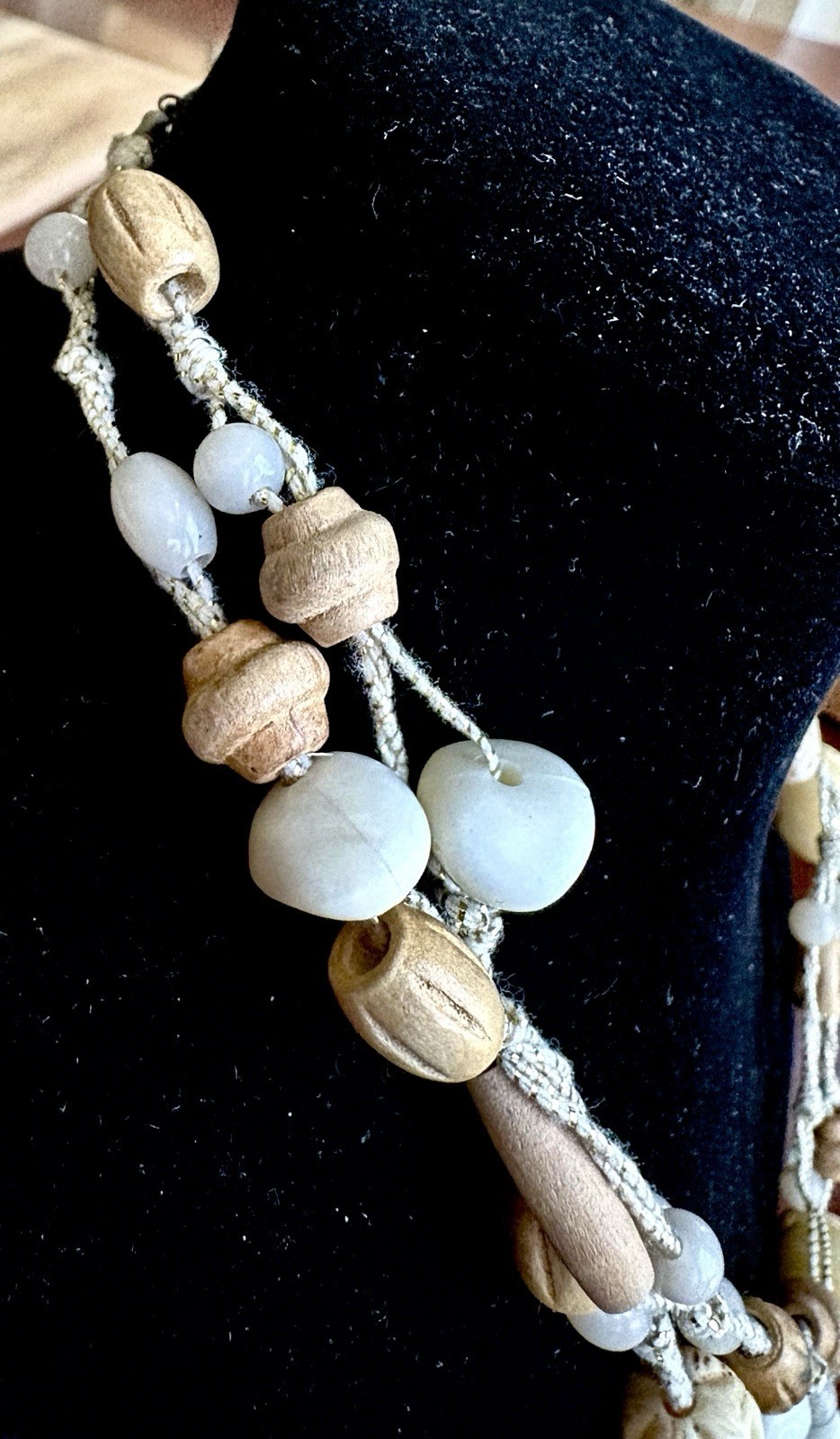 Vintage 90s Multi Strand Wood Bead Necklace Woven Cord Boho Bone Layered Choker