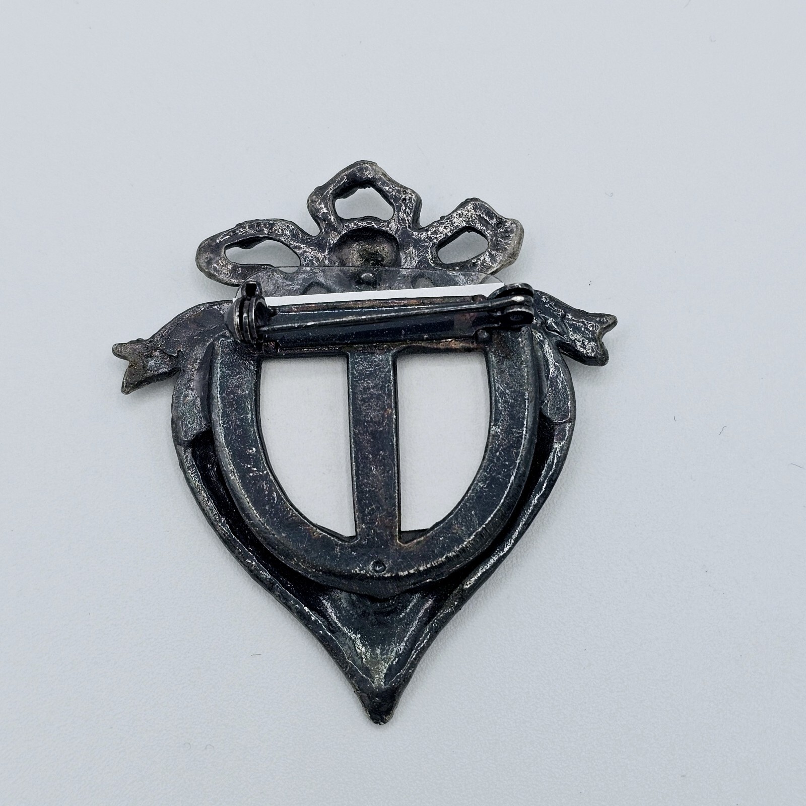 Victorian Heart Photo Brooch Vintage Romantic Rose Ribbon Silver Tone Memory Pin