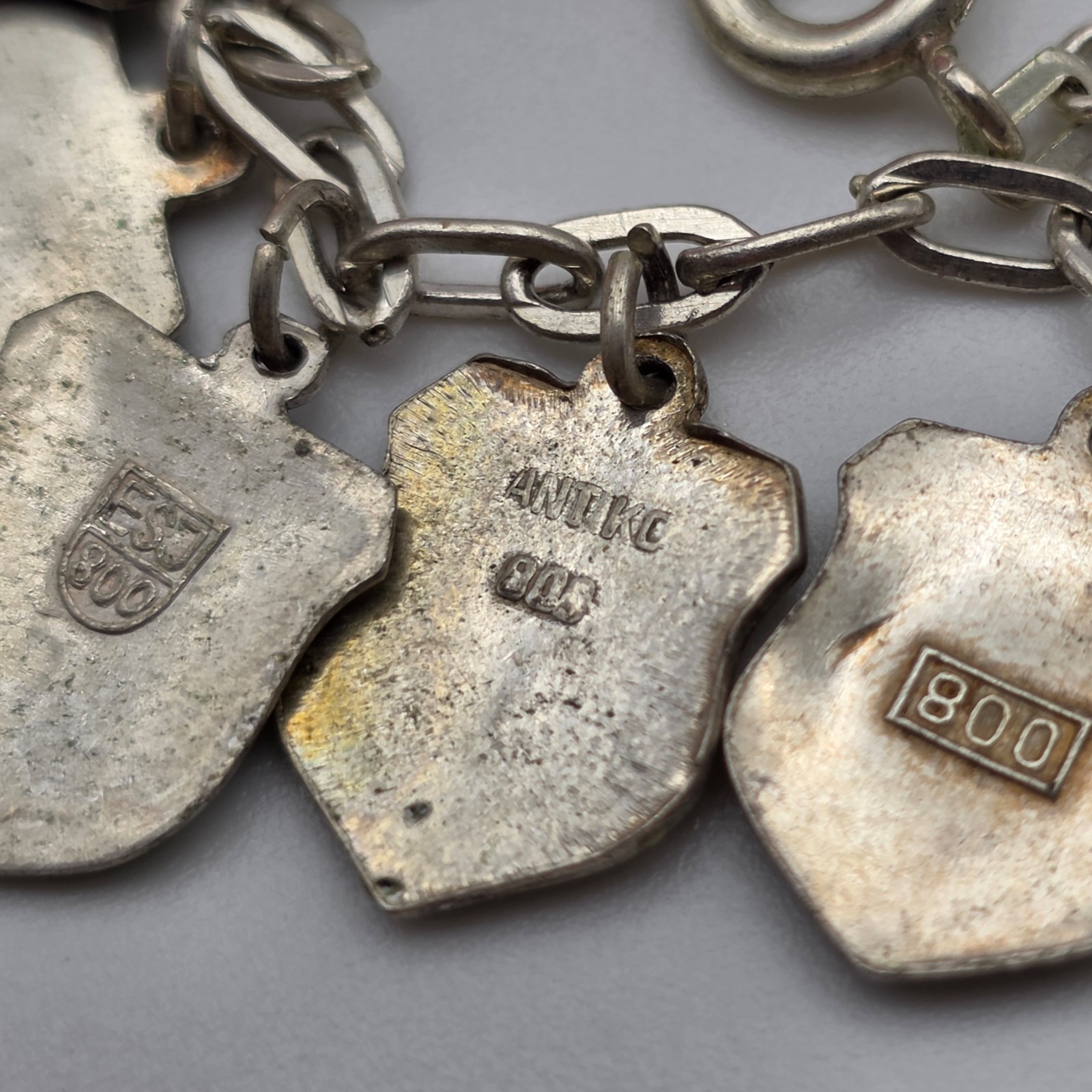 Vintage 800 Silver Enamel Travel Shield Charm Bracelet Germany Italy ANTIKO 7″