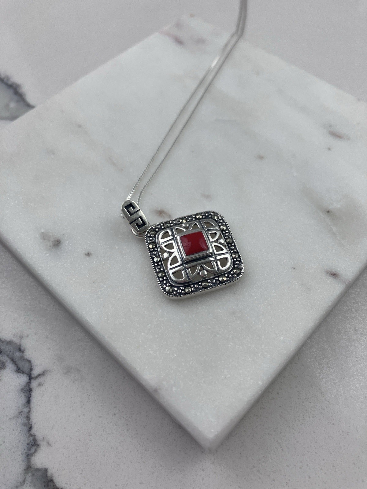 Vintage 925 Sterling Silver Red Coral Deco Marcasite Pendant Necklace 18”