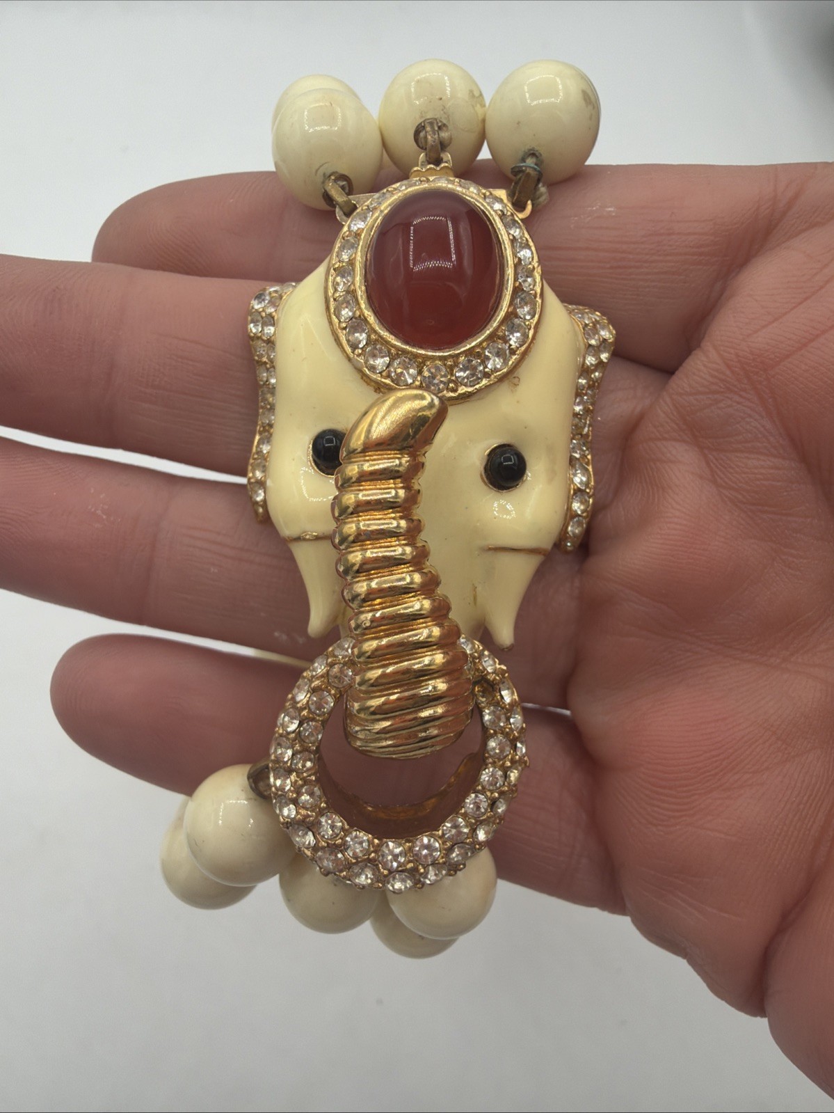 Vintage Ciner Elephant Bracelet Ivory Beads Red Cabochon Gold Tone Rhinestone