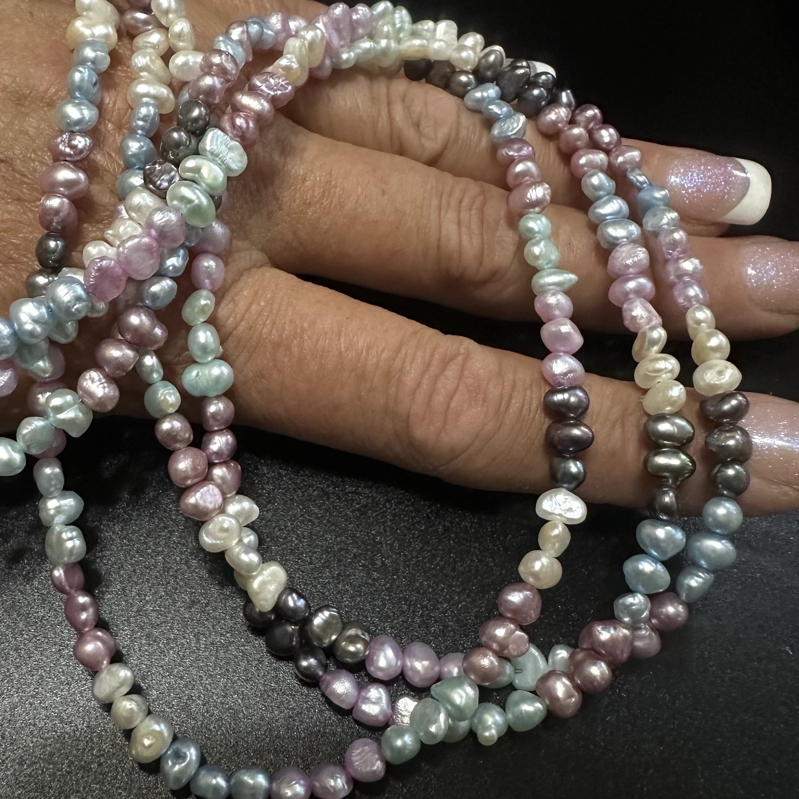 NICE ESTATE STERLING SILVER PINK BLUE PURPLE PEACOCK PEARL 3-STRAND NECKLACE 20”