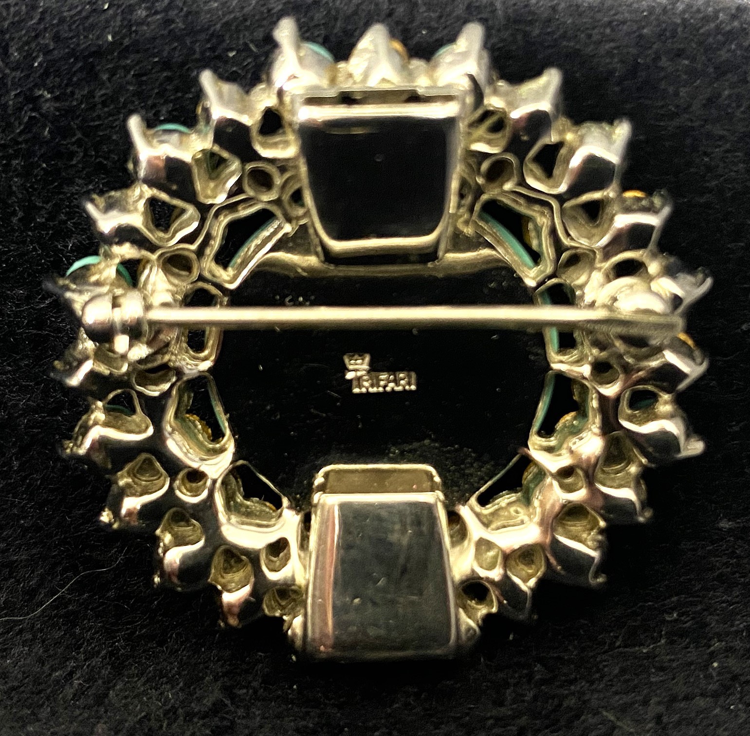 Vintage, Signed, Trifari Costume Jewelry Brooch Faux Turquoise Blue Rhinestones