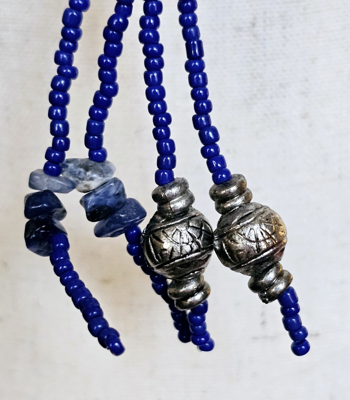 Vintage Glass Beaded Tassel Necklace Blue Native Boho Sodalite Southwestern