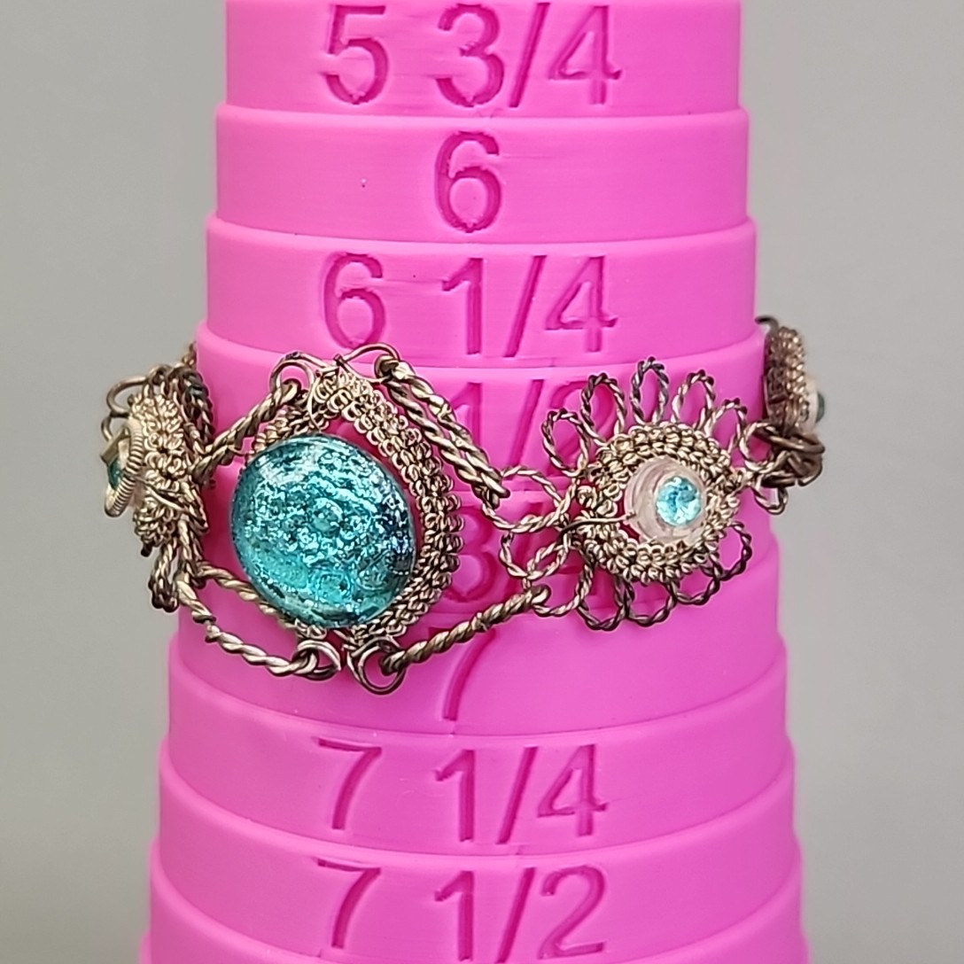 Vintage Mexican Wire Wrapped Bracelet Silver Plated Cannetille Blue Glass 6.5″