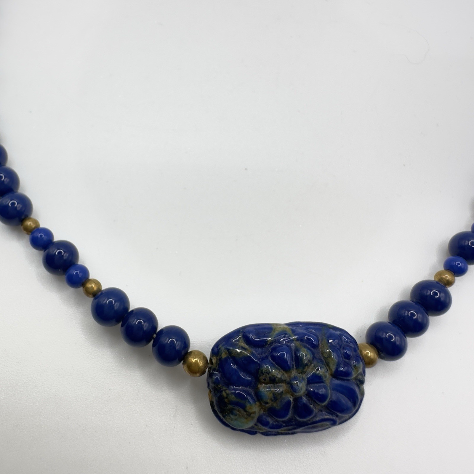 Artisan Blue Beaded Necklace Carved Floral Center Brass Hook Clasp 18″ Handmade