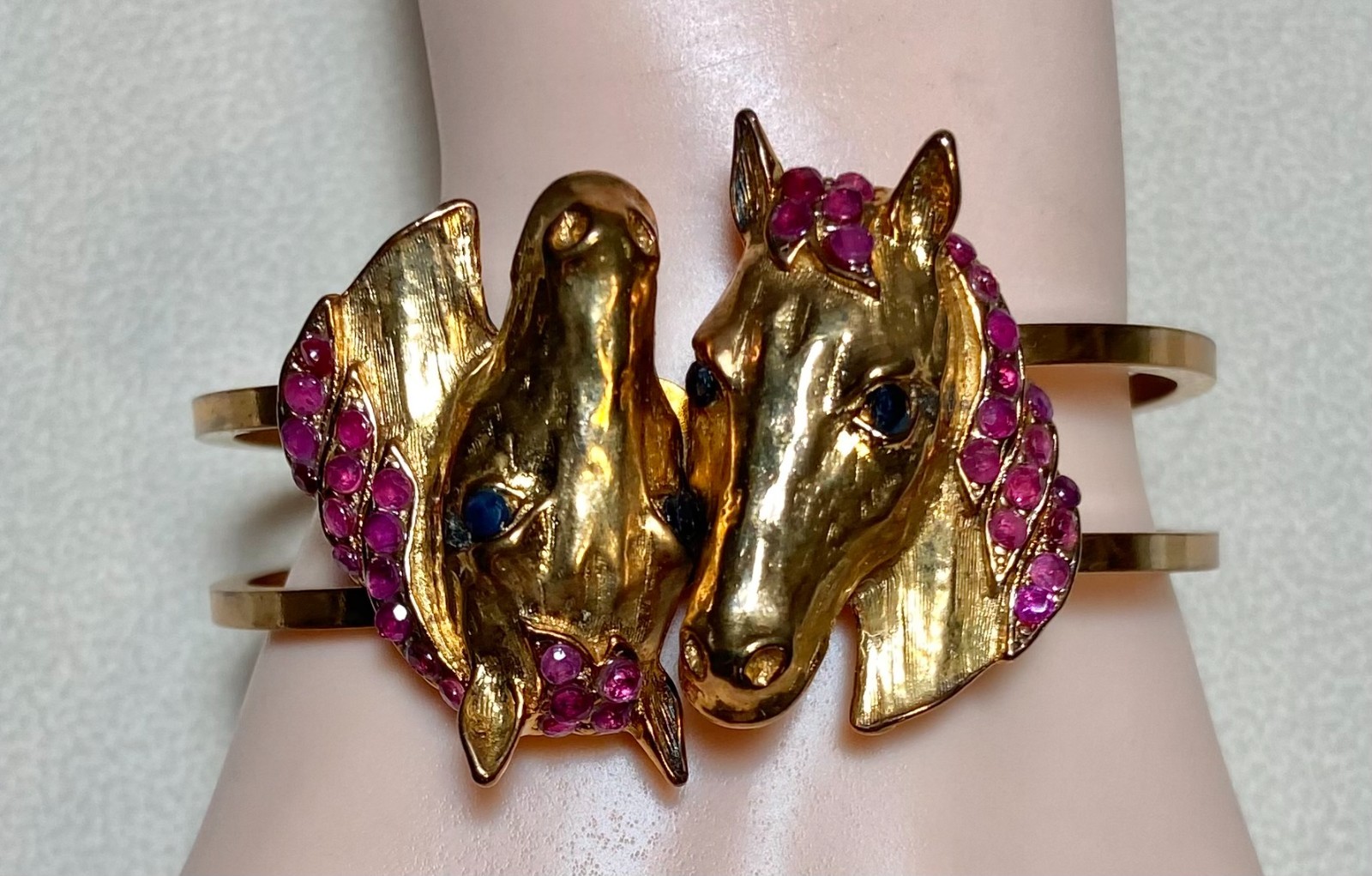 AUTHENTIC SWOBODA CUFF HORSE BRACELET ~ GENUINE RUBY, SAPPHIRE EYES ~ STUNNING!
