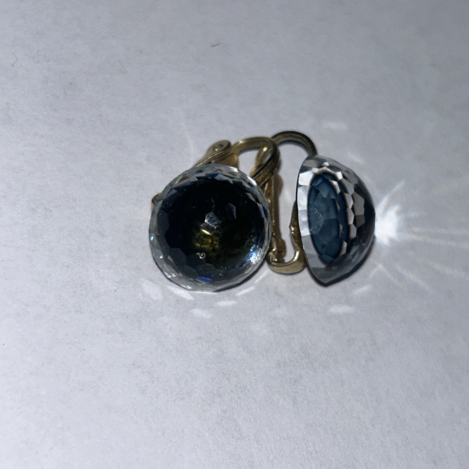 Vintage Costume Earrings – Clear With Blue Center – Gold Accents
