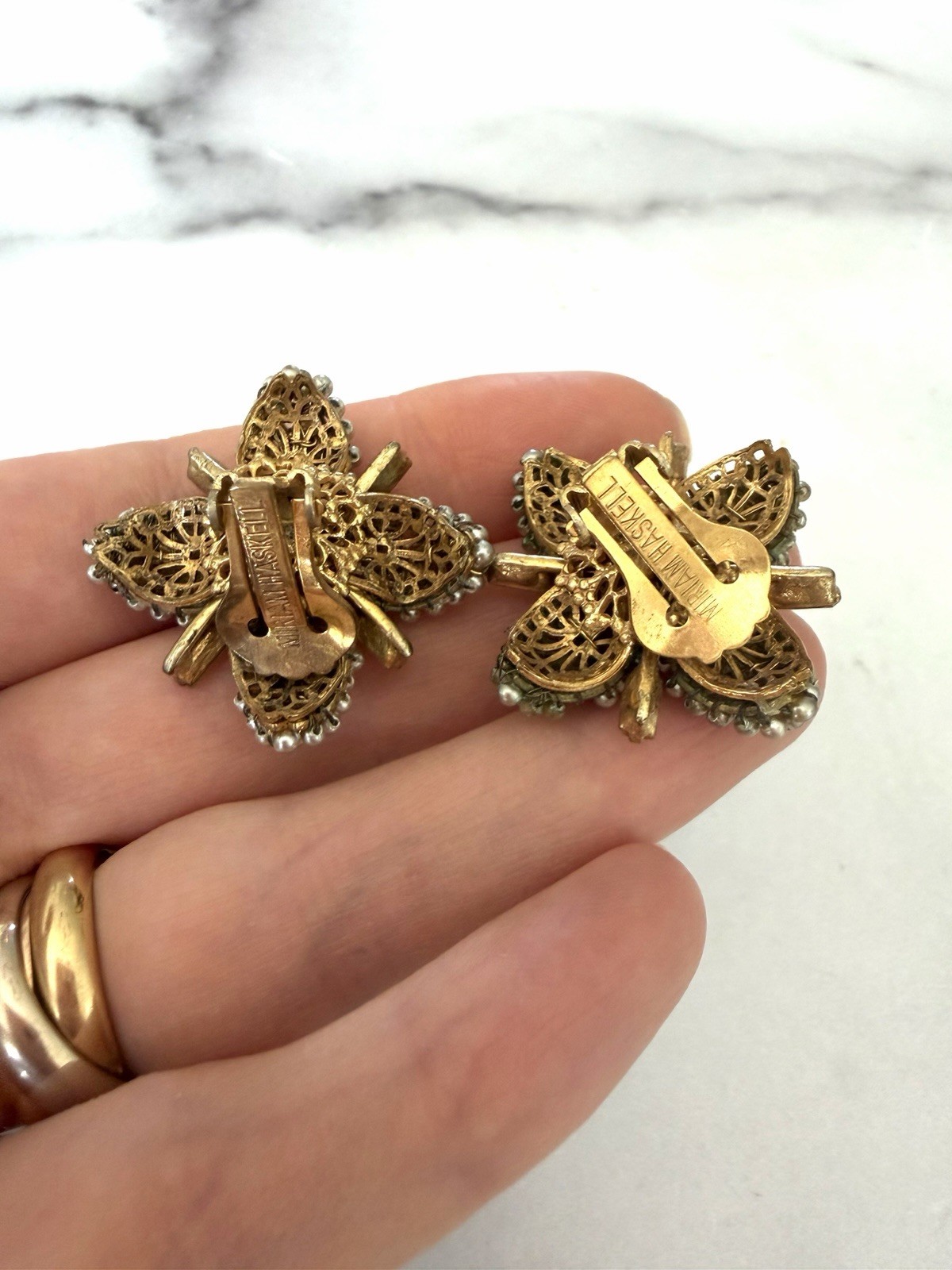 Vintage 1950’s Miriam Haskell Pearl Crystal Flower Filigree Earrings
