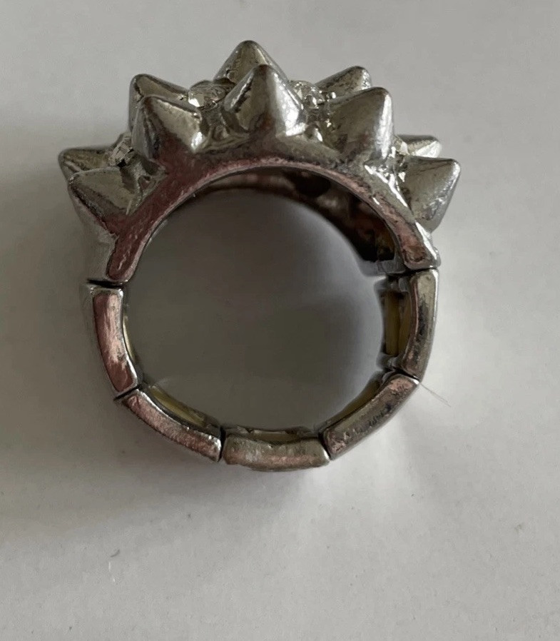 Silver Spiky Domed Ring Stretch Band Clear Stones Sz 12