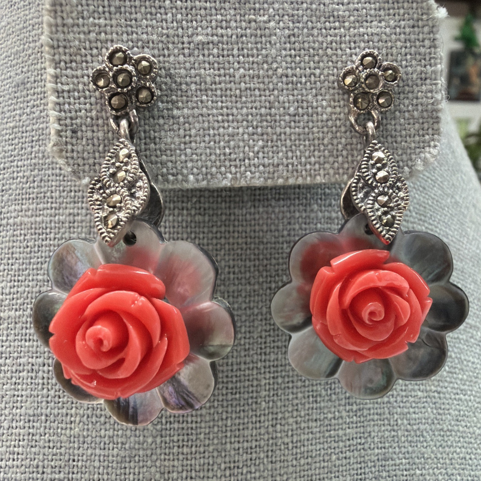 Sterling Silver Marcasite Carved Mother of Pearl Coral Rose Dangle Earrings