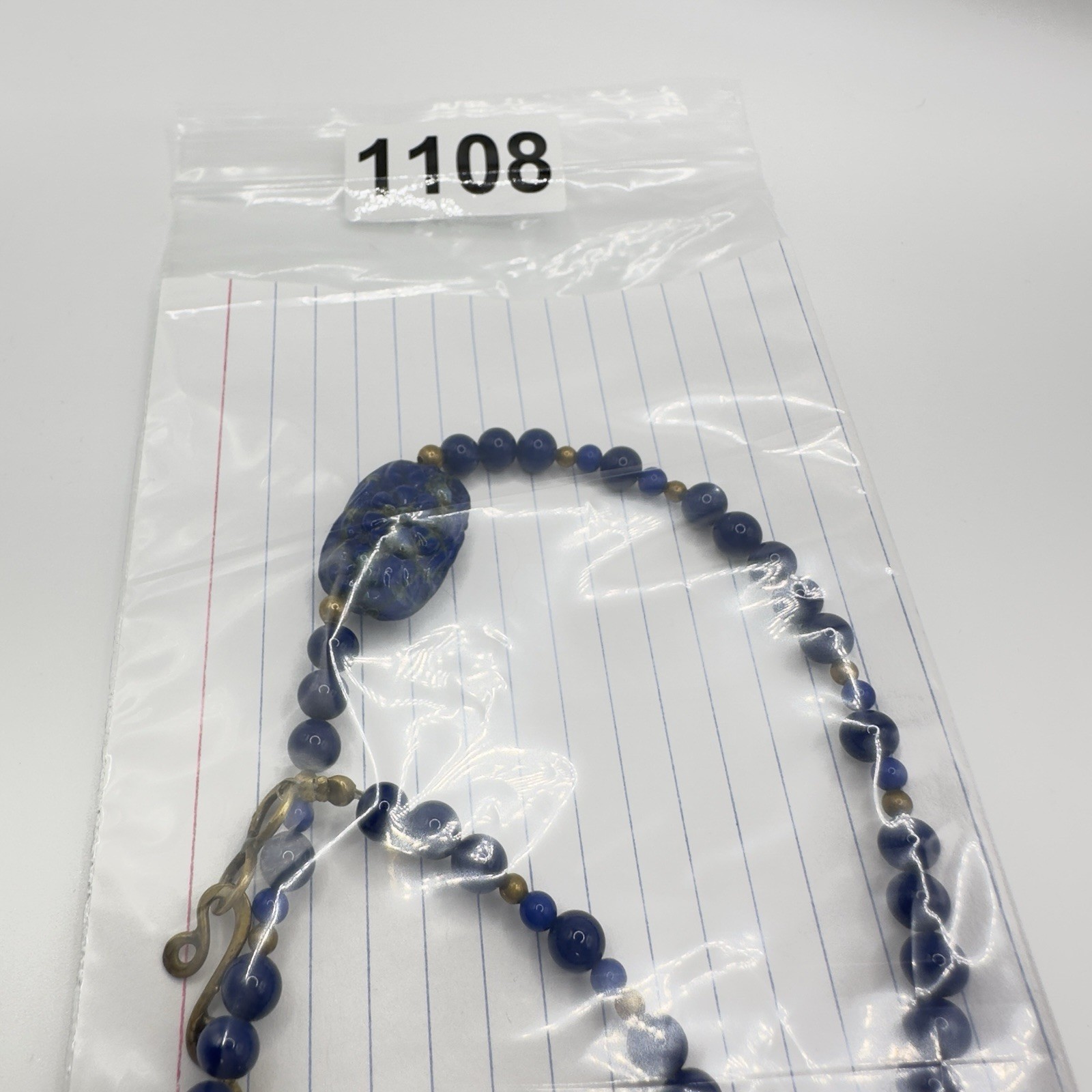 Artisan Blue Beaded Necklace Carved Floral Center Brass Hook Clasp 18″ Handmade