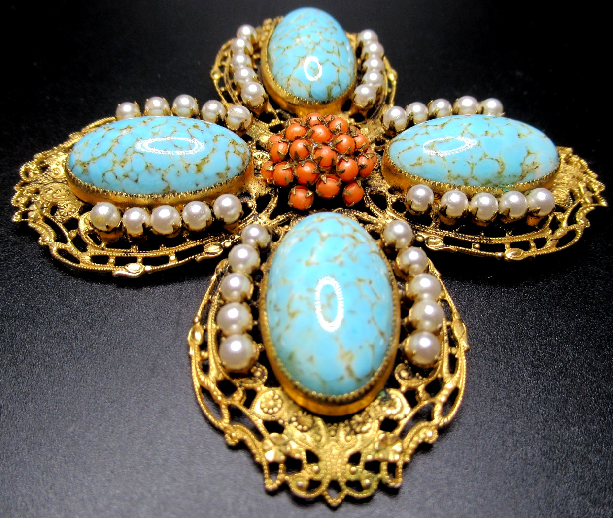 SCHREINER Amazing Turquoise Blue Faux Coral & Pearl Cross Vintage Pin Pendant