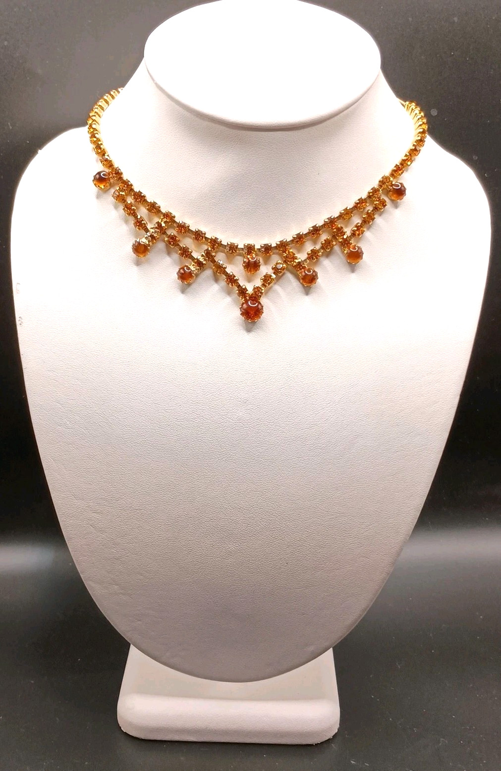 Victorian Revival Amber Color Rhinestone Necklace Regal Collar Gold Tone 16.5″