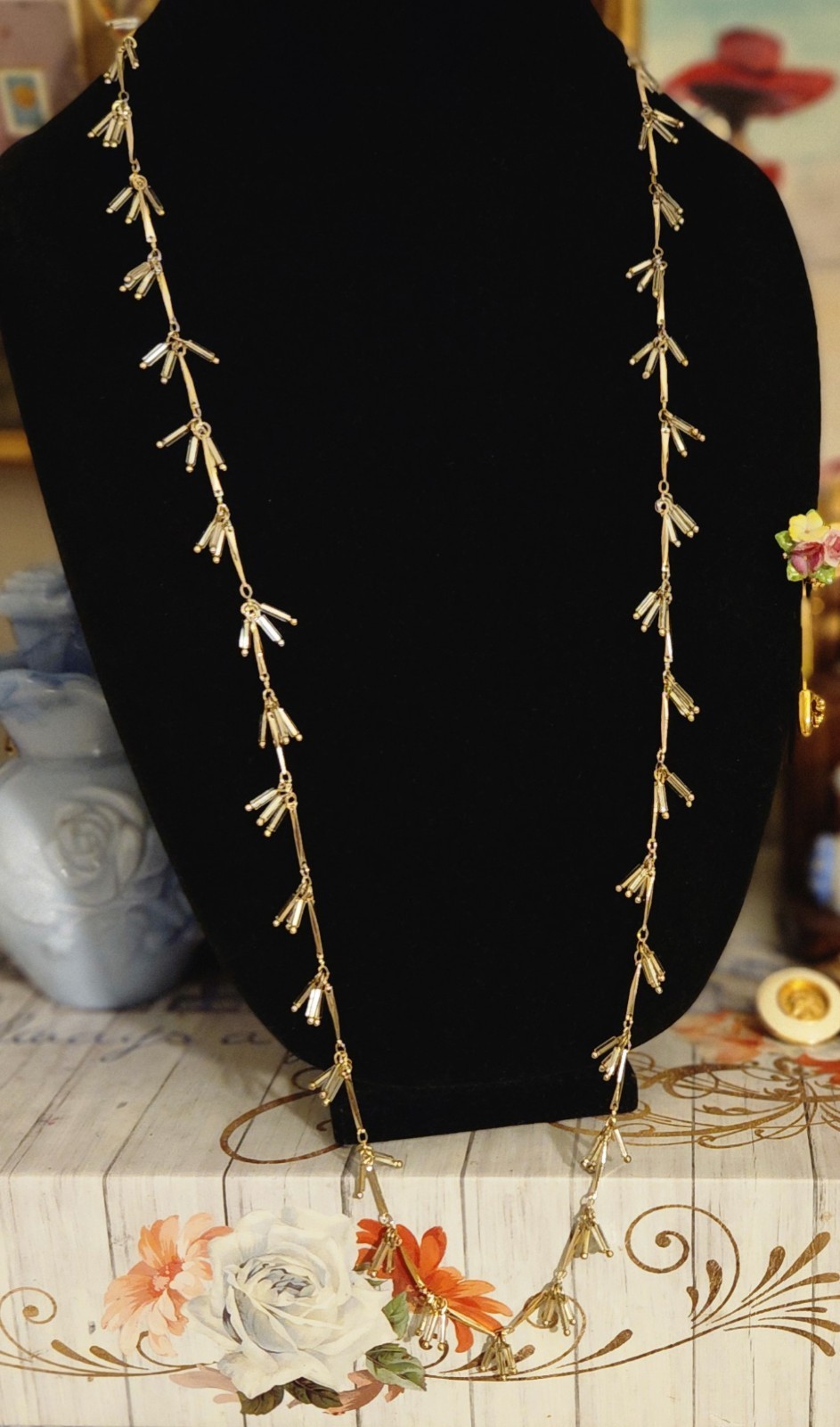 VTG Goldtone, Clear Elongated Glass charm Beads, Station Necklace