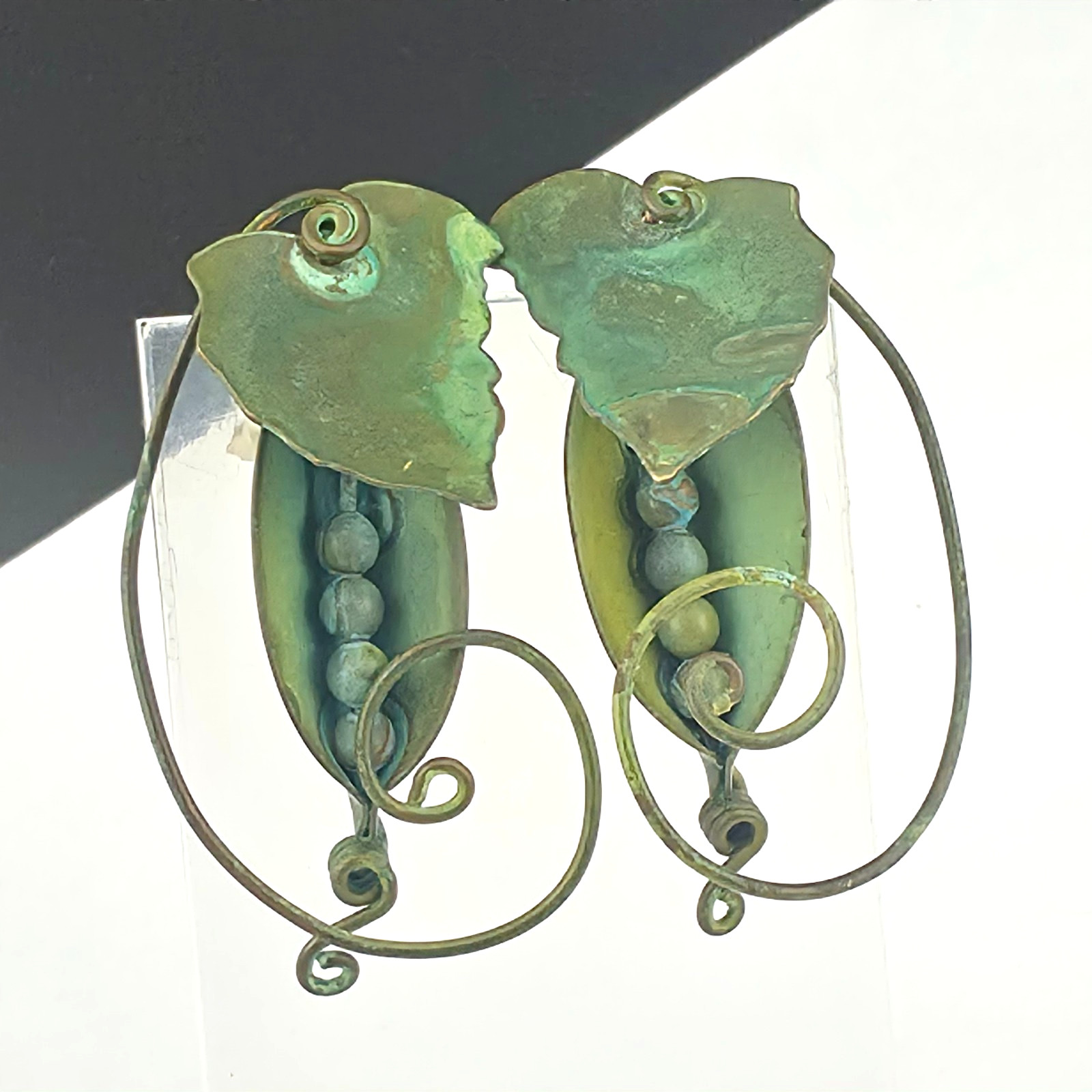 Vintage Hand Made Verdegris Green Pea Pod Drop Earrings 2″ Pierced