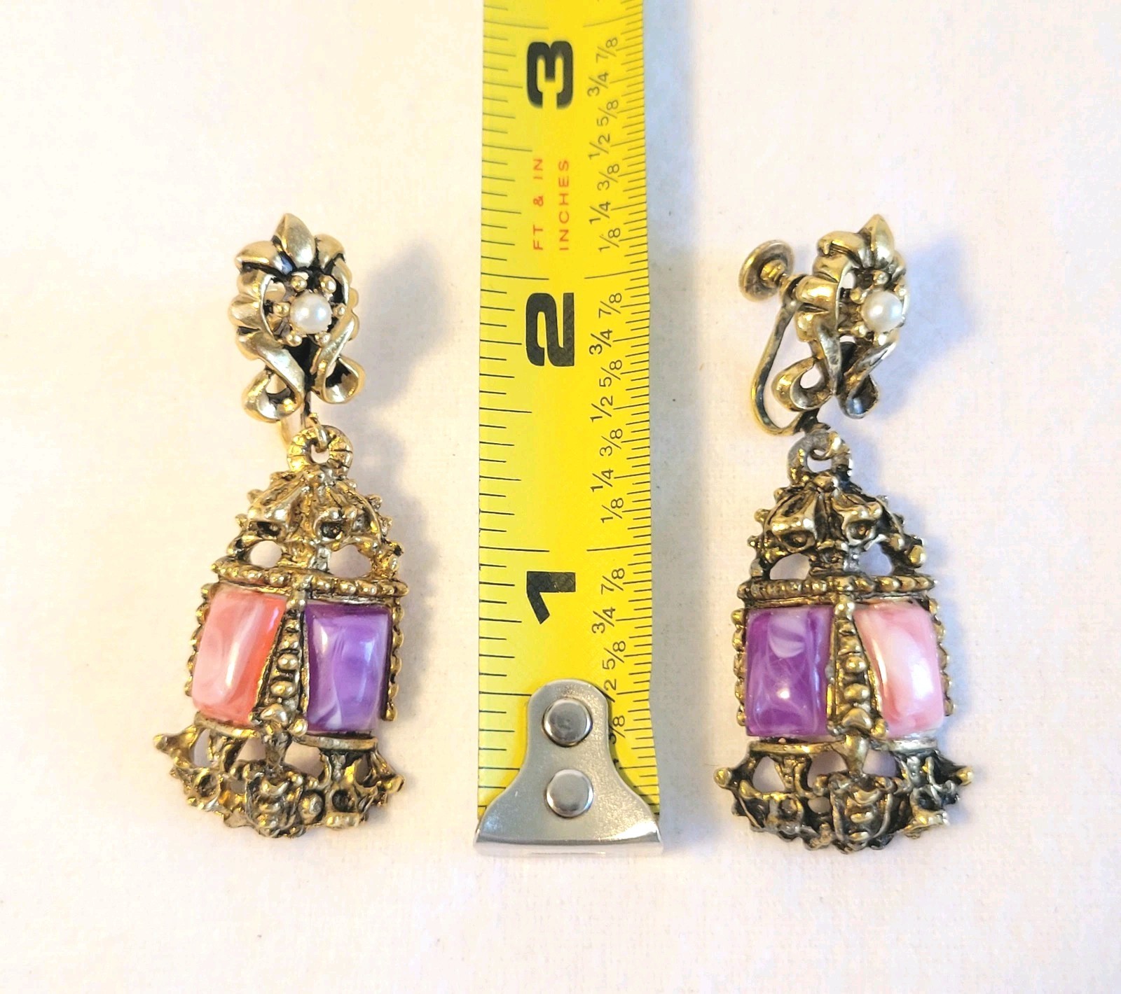 Vtg Selini Pink Purple Confetti Lucite Necklace Earring Set *Unsigned* Victorian