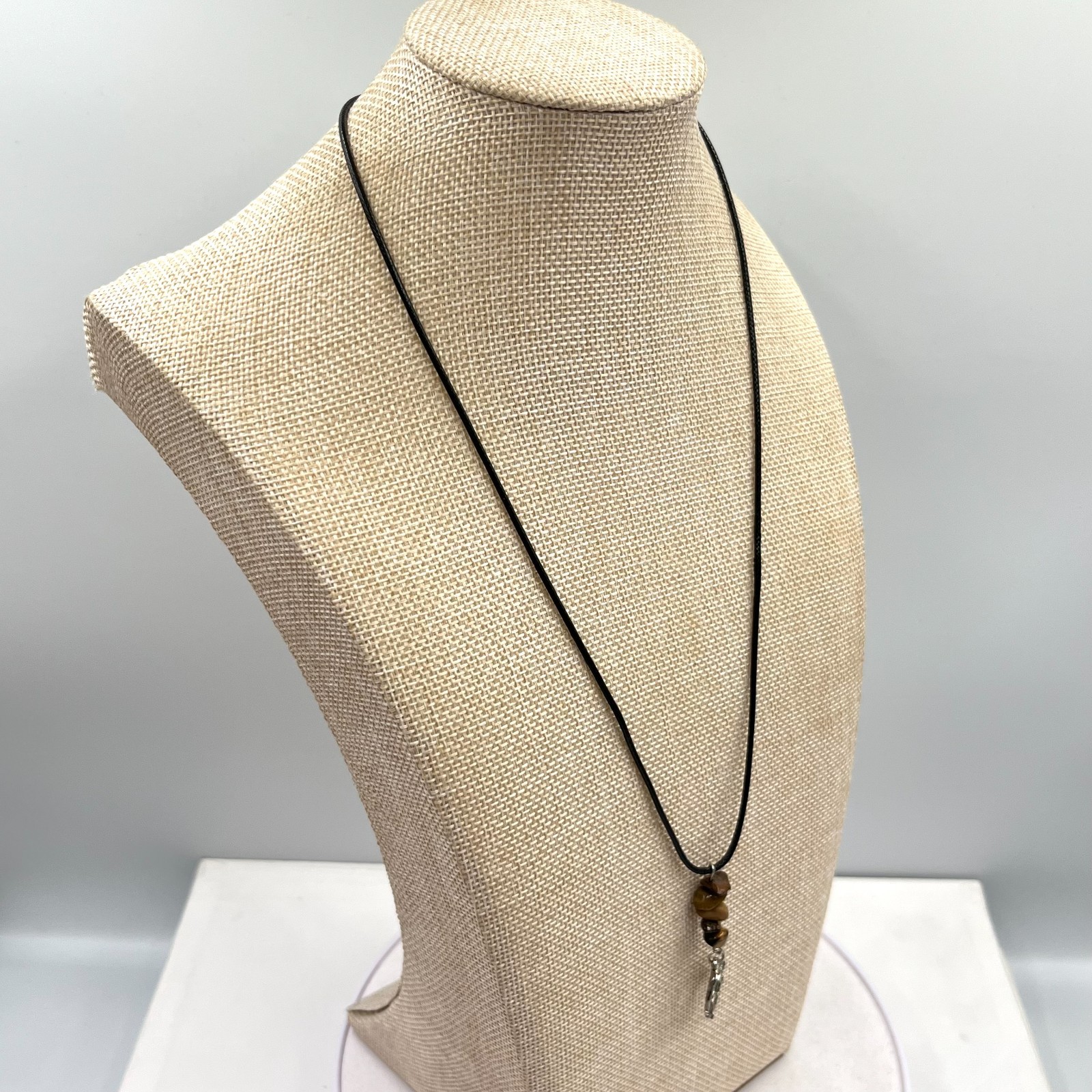 VTG Retro Boho Tigers Eye Mushroom Pendant Black Cord Necklace Earthy Goblincore