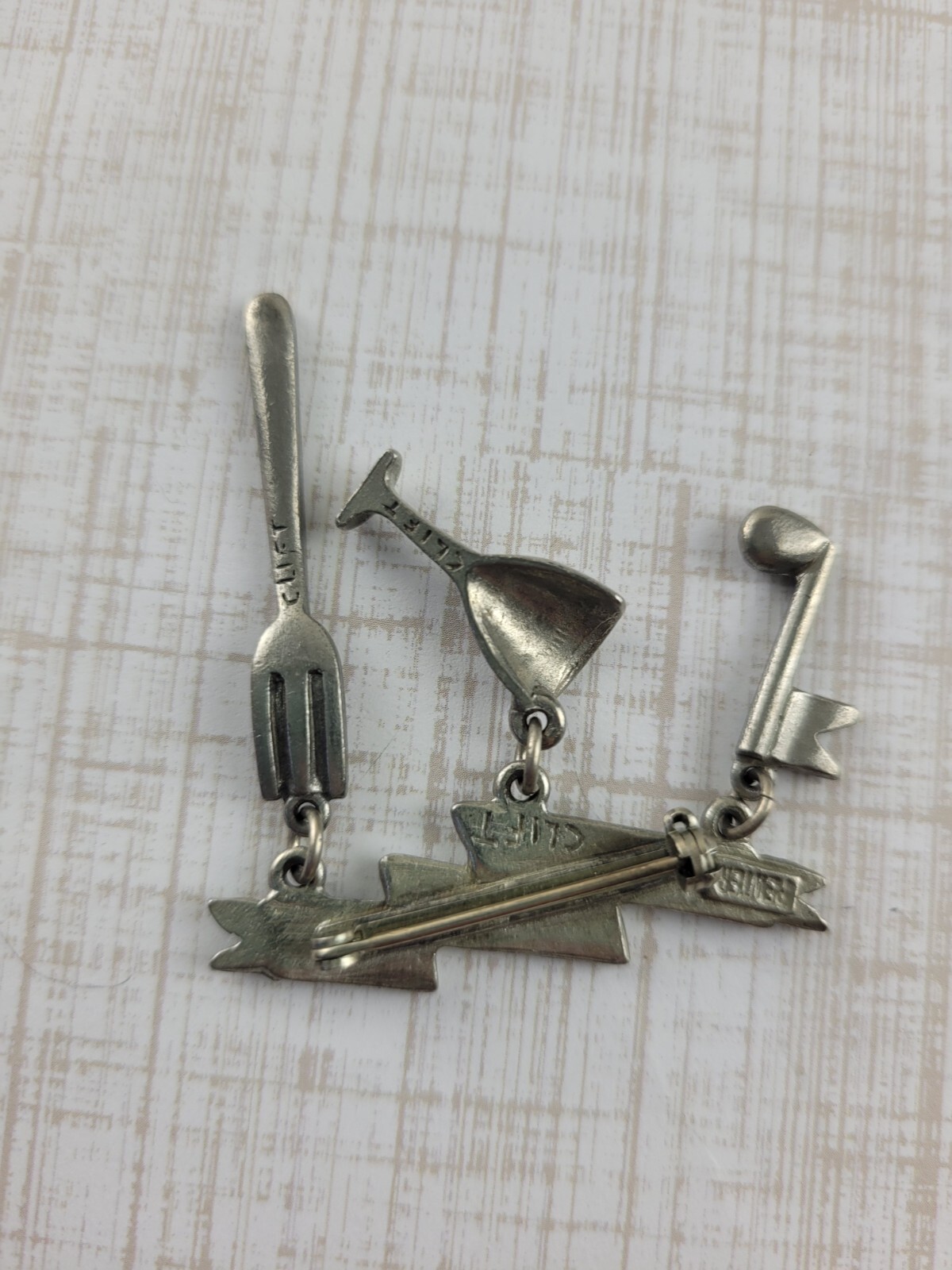 Vintage Tiny Clift Pewter Brooch Eat Drink & Be Merry Fork Wine Glass Music Note