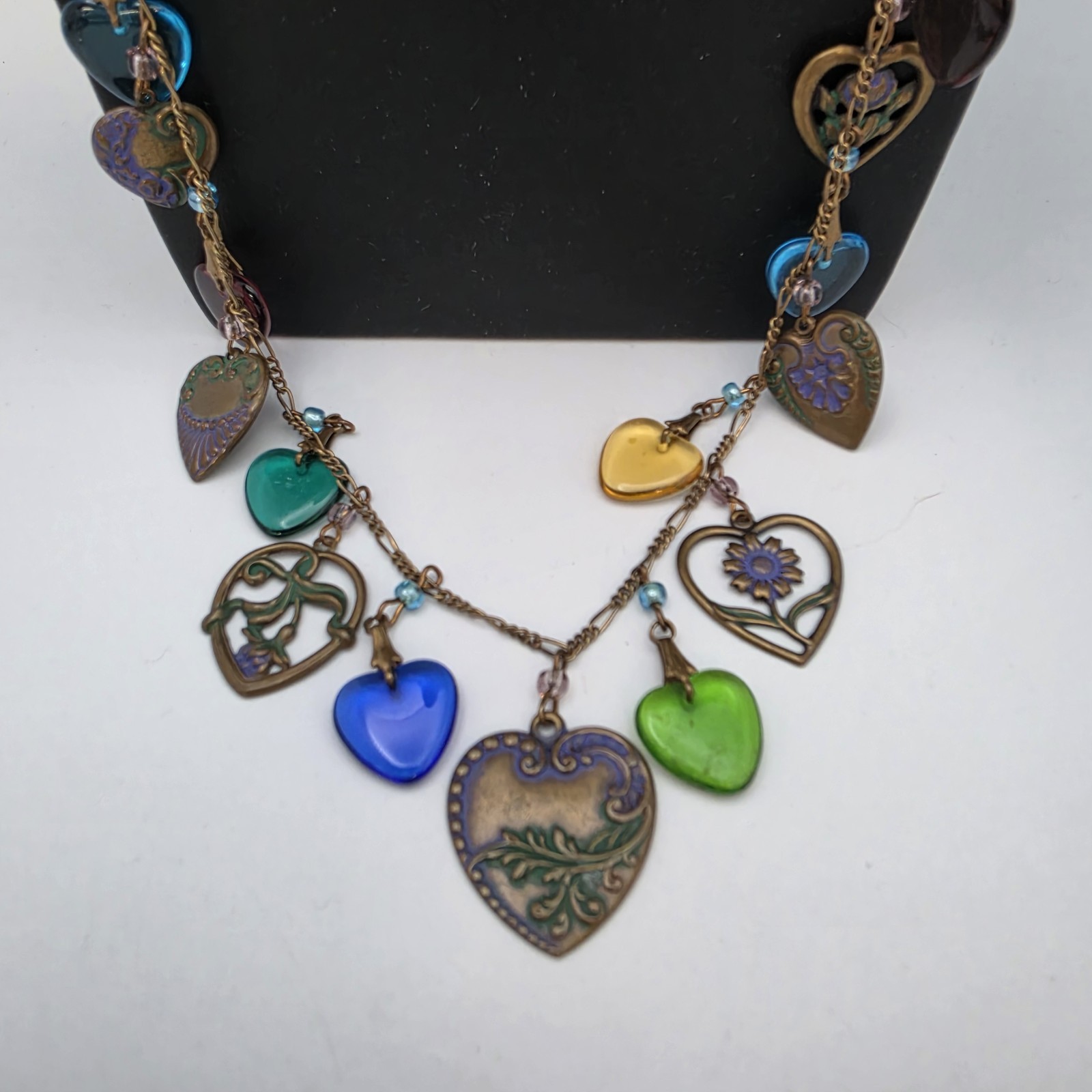Vtg Glass Works Studio Brass Glass Hearts Multi Colors Necklace 30″
