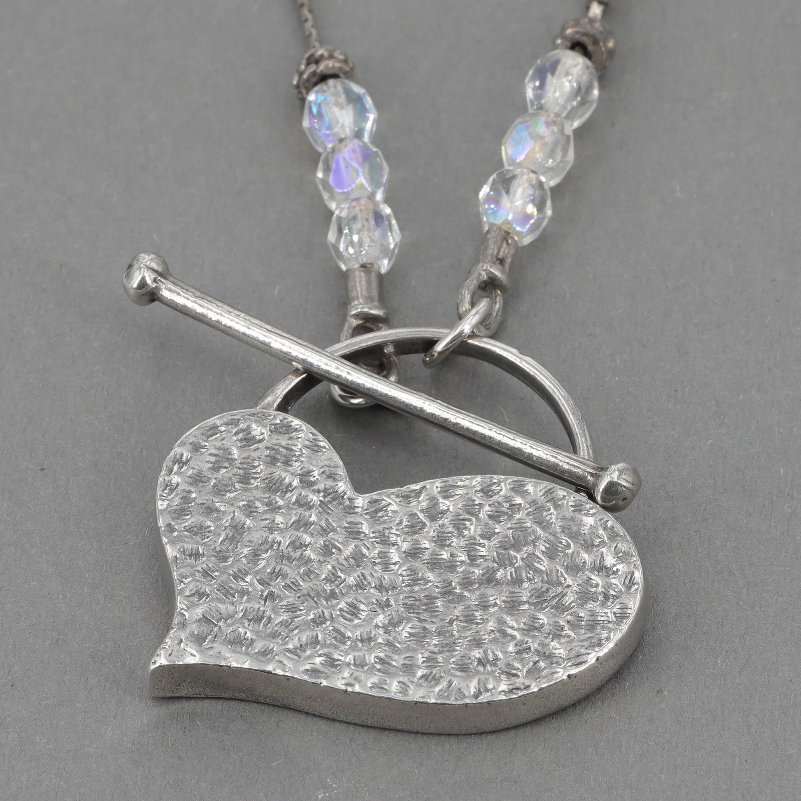 Vintage Silpada Crystal Bead Sterling Hammered Heart Toggle Necklace N0776 HTF