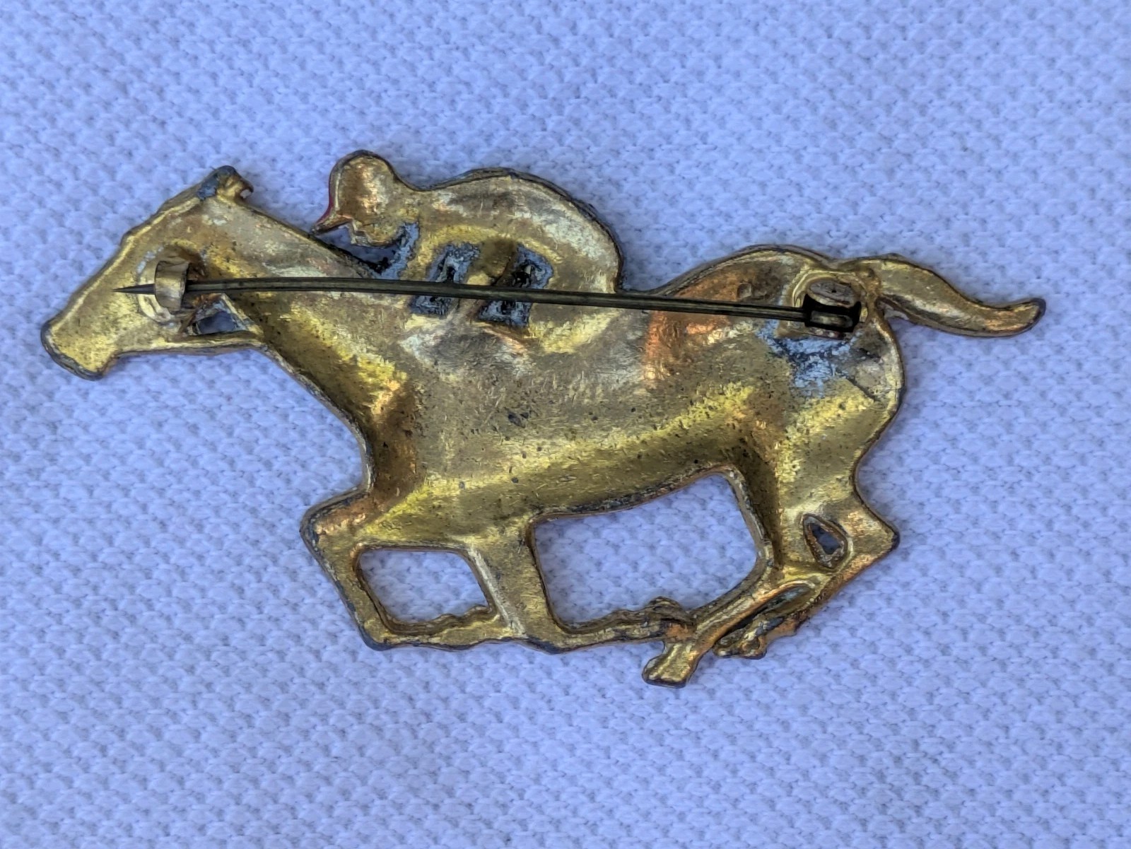 Antique Glass Glitter on Brass Race Horse & Jockey Brooch Pin C Clasp AS IS D92