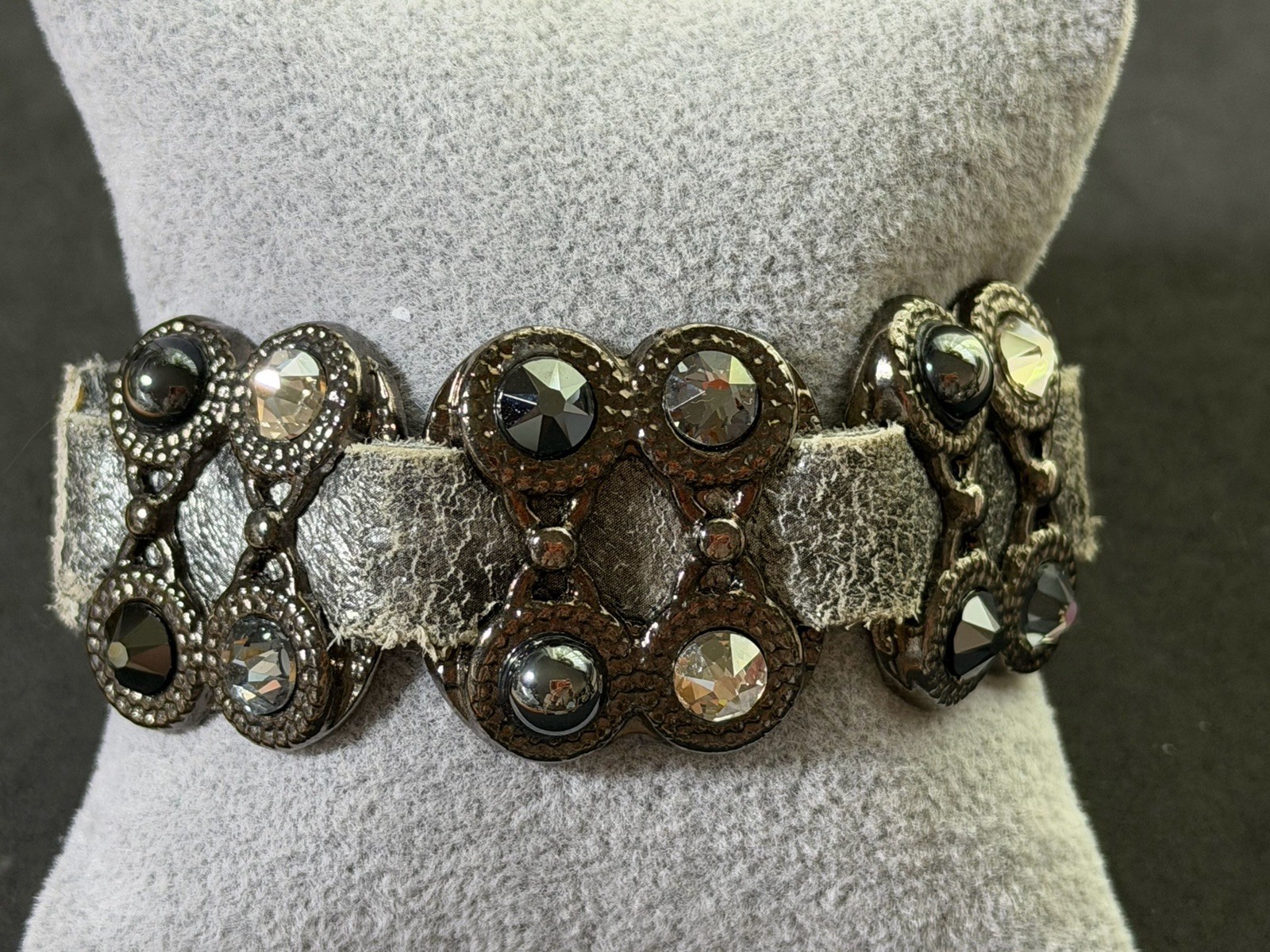 Vtg Leatherock USA Light-Grey Leather Band Bracelet Rhinestone Embellished Boho
