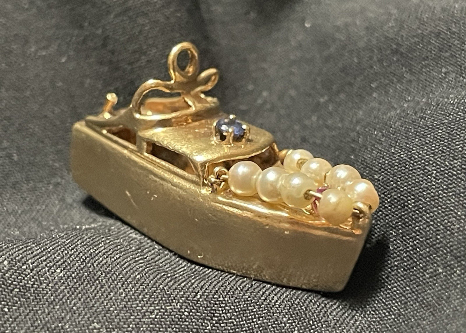 1955 Antique 14k Solid Yellow Gold Boat Charm Pendant Ruby Sapphire Pearls RARE
