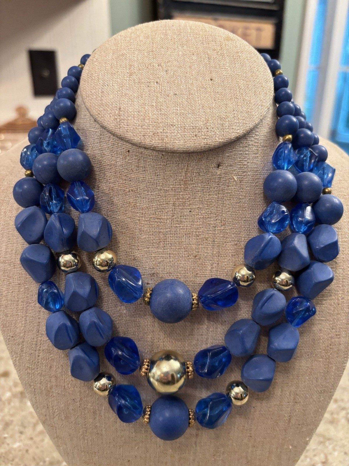 Vintage 50’s-60’s 3 Strand Plastic Blue Beaded Choker Necklace 16 1/2 Inch