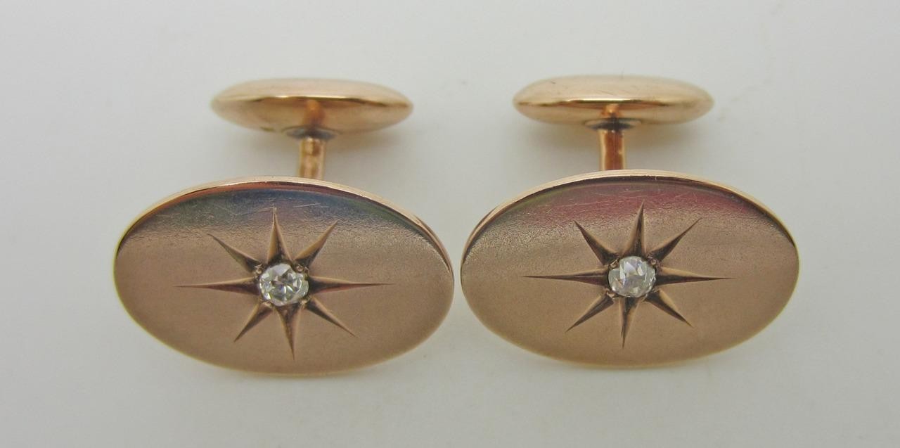 Vintage 10K Rose Gold Starburst Cufflinks with Old European Cut Diamond – LB2559