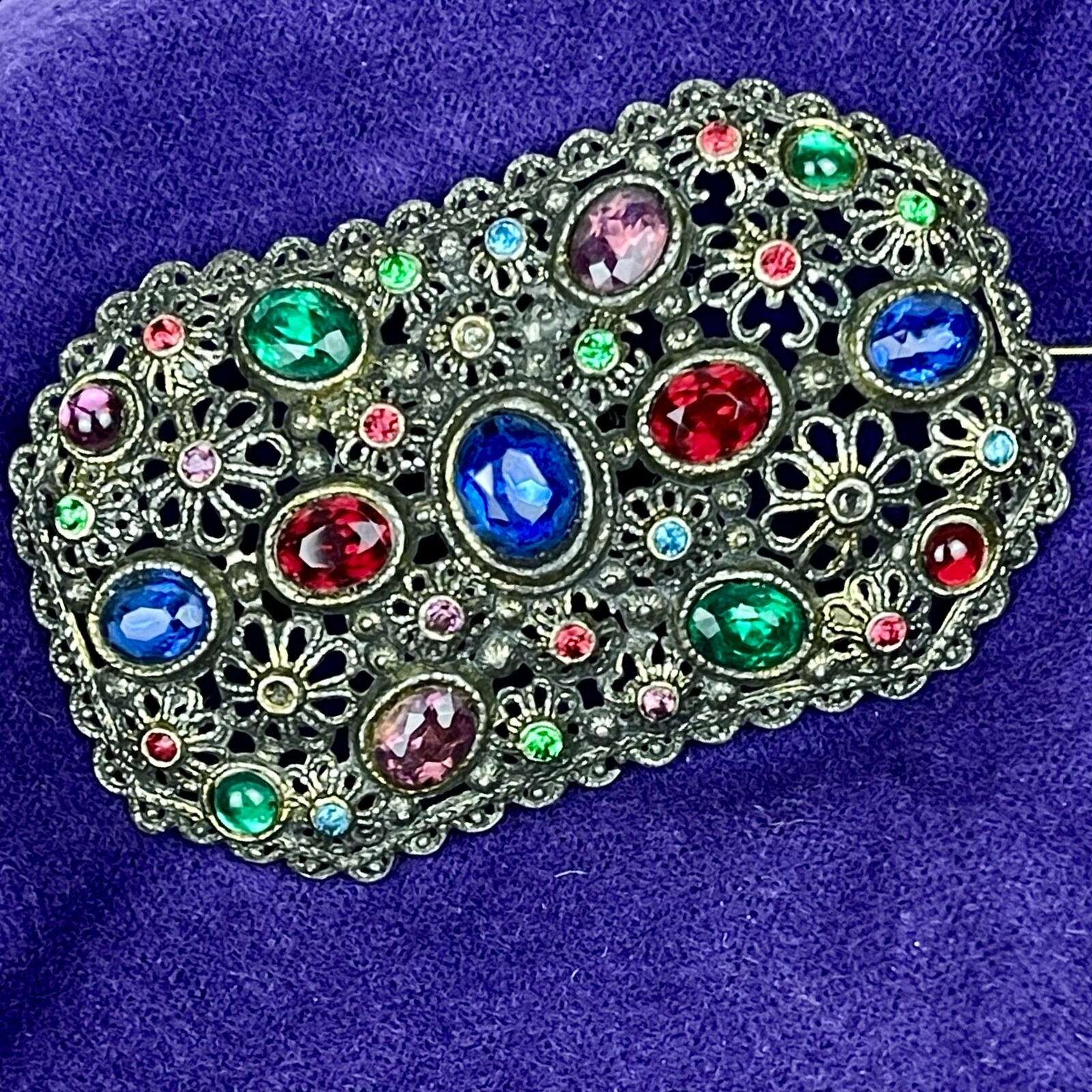 Estate Brooch New England Glass Works Vibrant Colors Faceted Stones Vtg 3” Pin