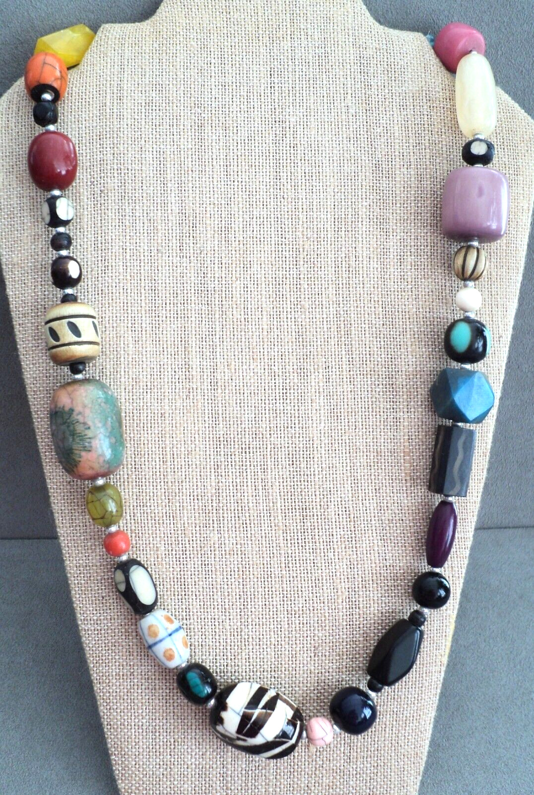 1980s Big BEAD NECKLACE Assorted Shapes COLORS Materials 26″ – HORN Wood ACRYLIC