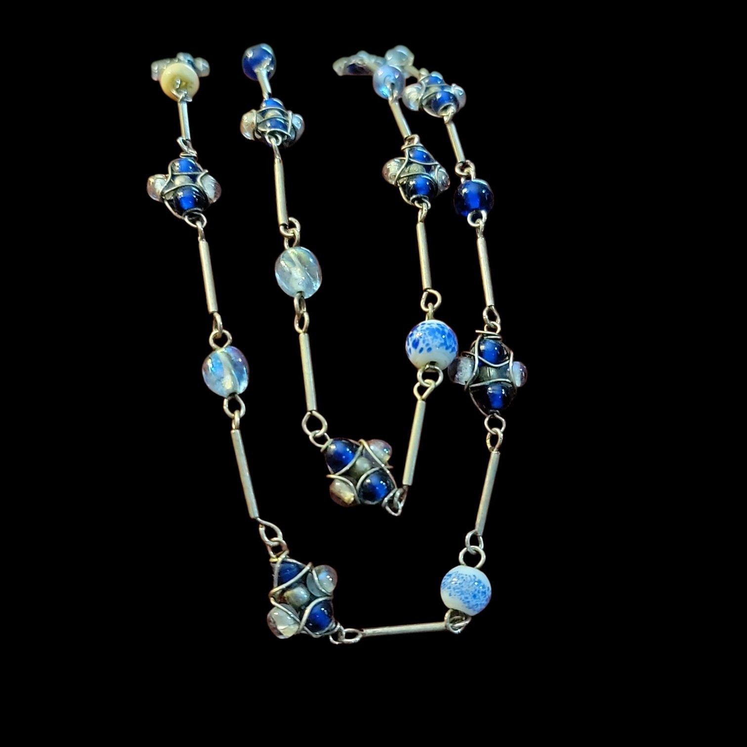 1960’s Classic Necklace Multi Beaded Blue Cluster Wire Wrapped Art Glass Hippy