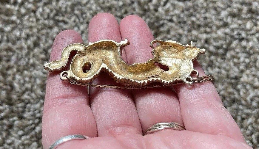 VTG Signed ALVA Museum Replica Menuki Fighting Dragon Gold Tone Necklace